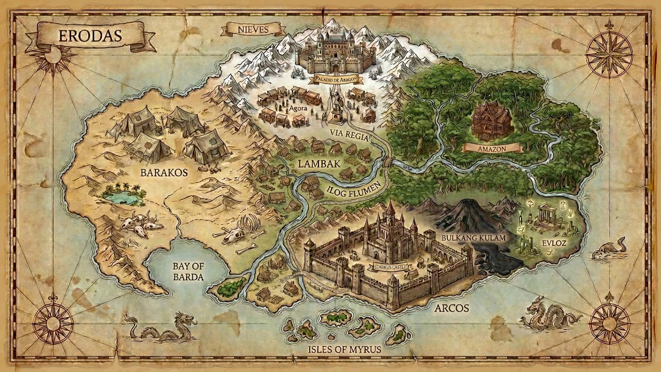 Illustrated map of Erodas showing Nieves, Barakos, Lambak, Amazon, Arcos, Evloz, Via Regia, Ilog Flumen, Bulkang Kulam, and Agora.